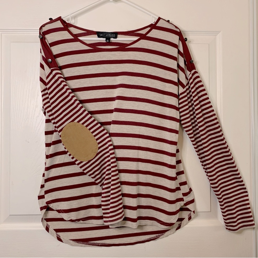 Women’s Sweet Wanderer- Long Sleeve Blouse -Burgundy/Cream- Suede Capped Elbow